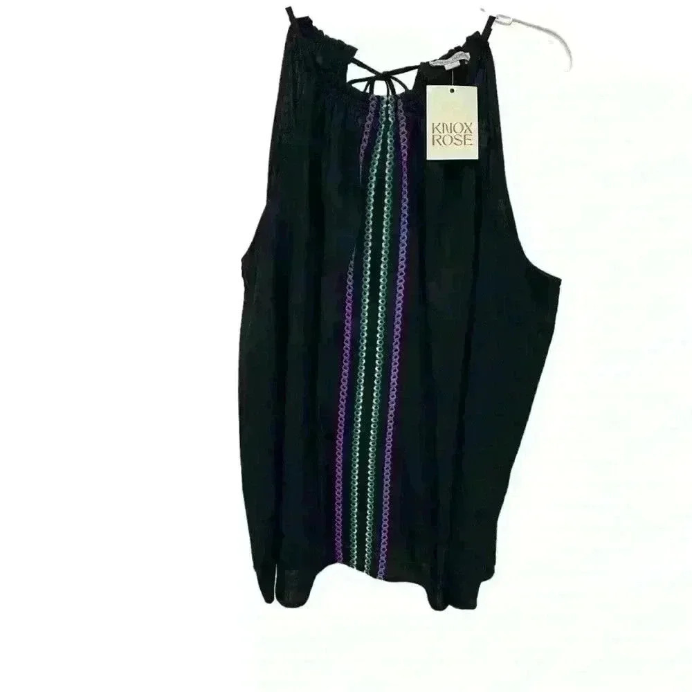 KNOX rose black embroidered stripes front cotton/rayon boho dressy tank-XXL